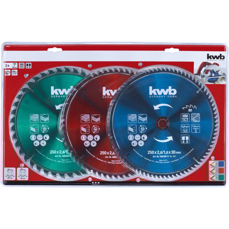 KWB - Einhell 49589399 Jeu de 3 lames de scie circulaire Scie à onglet 250x30mm 40T/60T/80T