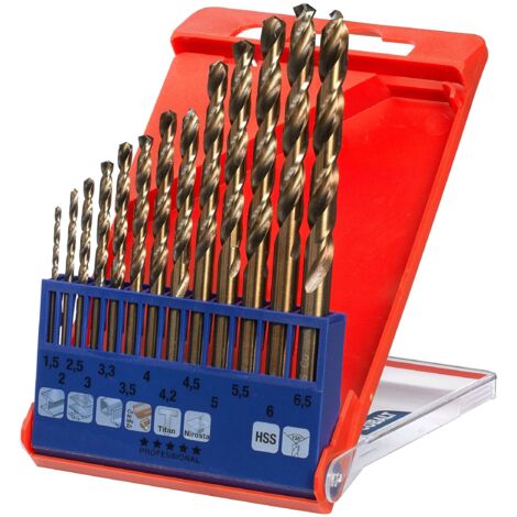 Kwb set 13 punte HSS-G titanio a spirale da trapano per metallo   1,5 - 6,5 + 3,3 + 4,2 mm con affilatura a croce secondo DIN 1412 C