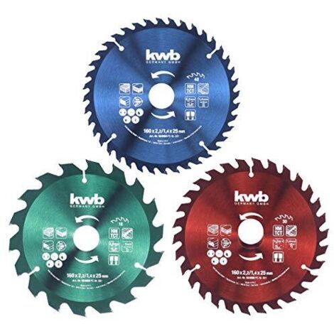 kwb Set di lame circolari 160 x 25/20 / 16 mm per seghe circolari portatili per pannelli e materiali da costruzione in legno incl. anelli di riduzione da 16 e 20 mm