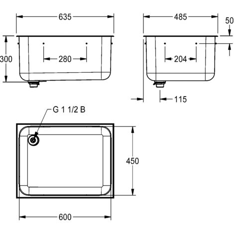 KWC AR Bac intégré, ANIMA, acier inoxydable, 635x300x485 mm, évacuation à l'arrière gauche