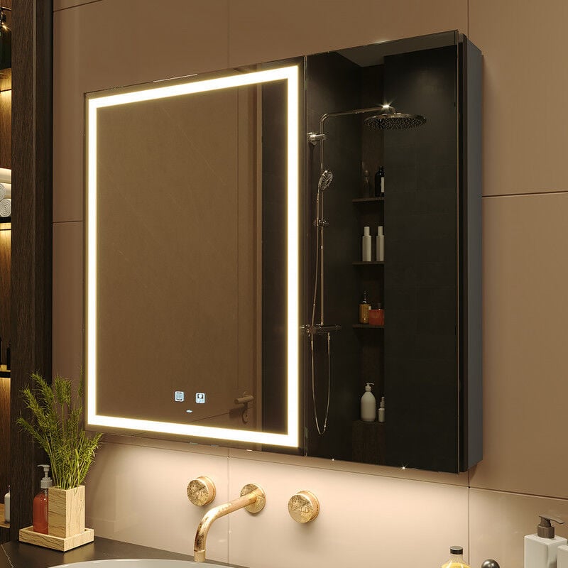 75 x 70 cm Double Porte led éclairage Armoire à Pharmacie de Salle de Bains avec Miroir, Température de Couleur Réglable, Anti - Buée Dimmer, Prise