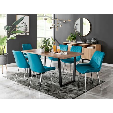 Kylo Brown Wood Effect Dining Table & 6 Elegant Pesaro Velvet Silver Leg Chairs