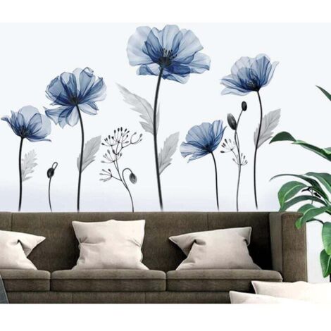 KZQ 1 Juego de pegatinas de pared con flores azules, pegatinas de pared grandes, decoración de pared con plantas de amapola y flores azules, para sala de estar, dormitorio y baño.