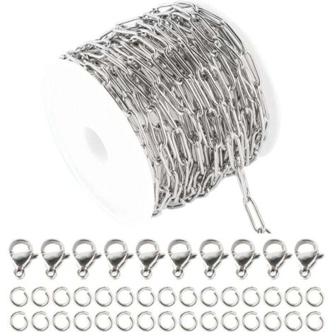 KZQ 1 rollo de cadena de clip de acero inoxidable de 5 m (16,4 pies) Paquete a granel 12 cadenas de clip de 4 mm Eslabones reales 10 cierres de langosta 30 anillas de salto