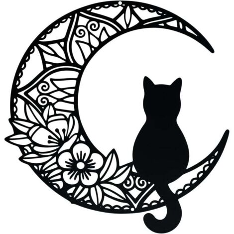 KZQ 1 x Arte de pared de metal con diseño de gato y luna, decoración de jardín para el hogar, interior y exterior, color negro