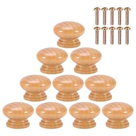 KZQ 10 piezas Pomos de puerta de madera natural Pomos redondos tipo hongo para gabinete con tornillos S/M/L (28 mm)