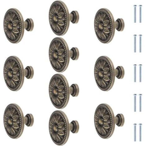 KZQ 10 pomos redondos de bronce antiguo con diseño de flor para muebles, de 35 mm, para cajones de armarios de cocina vintage, tiradores de bronce para cajones.