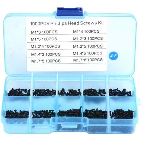 KZQ 1000 piezas M1 M1.2 M1.4 M1.7 tornillos autorroscantes, tornillos de cabeza plana Phillips pequeños Walfront hechos de acero inoxidable con caja de almacenamiento (negro)
