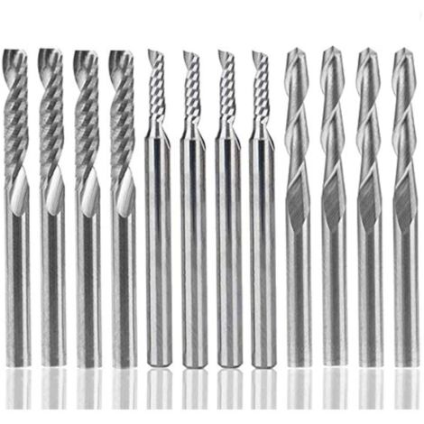 KZQ 12 pezzi di frese in carburo di tungsteno, 4 punte da 1/8 di pollice per router CNC, utensili da taglio doppi + 8 pezzi di frese a flauto singolo (2 tipi) per nylon, resina, ABS, acrilico, PVC, MD
