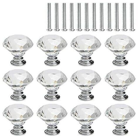 KZQ 12 pomos de cristal para muebles, manijas para puertas de gabinetes, forma de diamante, vidrio transparente, base plateada