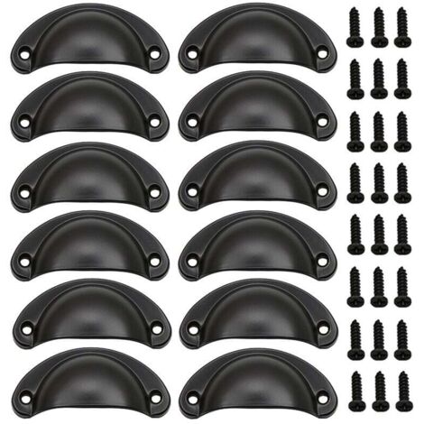 KZQ 12 tiradores de concha vintage, pomos de puerta, tiradores para muebles, tiradores de hierro retro con tornillos para muebles, cajones, armarios, alacenas de cocina, 8 cm x 3,5 cm (negro)