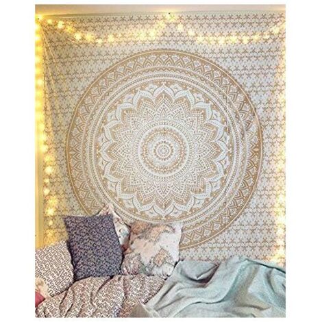 KZQ 150x130cm Arazzo Mandala Dorato Boemo Ombre Hippie Arazzo da Parete per Camera da Letto Soggiorno Decorazione Bohémien Arazzo Doppio in Cotone