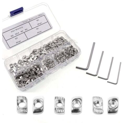 KZQ 180 piezas Tuercas de ranura en T M3 M4 M5 Tuercas de ranura en T de acero al carbono con 4 llaves Allen, juego de tuercas de fijación de cabeza de martillo de extrusión 2020 para impresora 3D