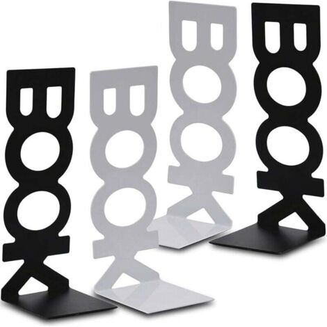 KZQ 2 pares de sujetalibros metálicos para estanterías de oficinas, escuelas, salas de estar, librerías y bibliotecas (blanco y negro)