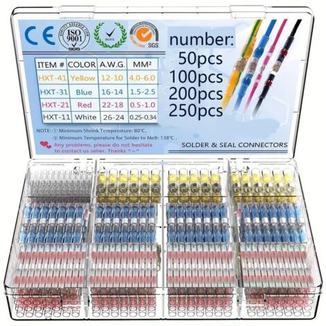 KZQ 250 pezzi connettori per cavi con guarnizione a saldare - connettori a saldare termorestringenti - kit connettori a saldare - terminali per cavi isolati e impermeabili per auto e imbarcazioni