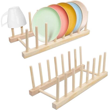 KZQ 31 x 13 x 11 cm, paquete de 2 soportes para platos con 7 ranuras - escurridor - soporte para platos - soporte para tapas de ollas - soporte de madera para libros para tabla de cortar, plato