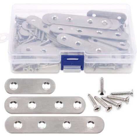 KZQ - 35 clips planos rectos de acero inoxidable de 1,45", 2,25" y 3,8" para reparación de placas de unión y 80 tornillos (115 piezas en total), color plateado