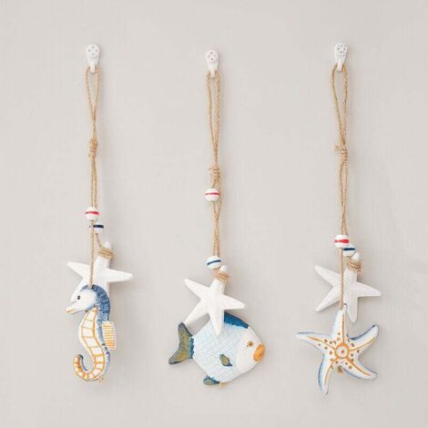 KZQ 3X Decoración colgante de madera con estrellas de mar, peces - Conchas colgantes decorativas - Decoración colgante marítima para el hogar