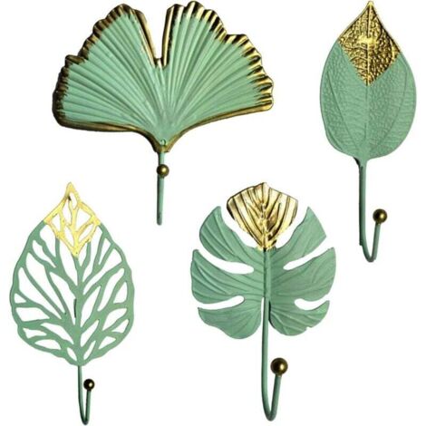 KZQ 4 mini perchas de pared de metal con forma de hoja para ropa, bolsos, bufandas y llaves - Verde