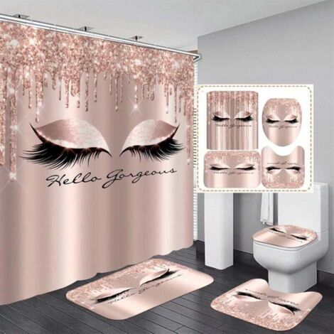 KZQ 4 piezas/set Bonita cortina de ducha con pestañas brillantes y gotas de oro rosa, hermosa decoración para baño Waterpro