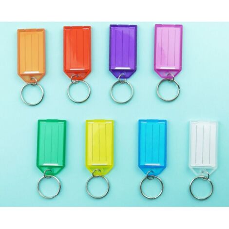 KZQ 40 Etichette portachiavi in plastica da 8,5 cm con etichette di carta a righe vuote, cappucci trasparenti e anelli divisi, identificatori di oggetti resistenti, 8 colori