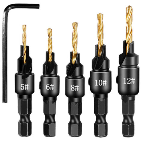 KZQ 5 pezzi set di punte per trapano svasatore con gambo esagonale accessori per utensili elettrici per lavorazione del legno per plastica e metallo (5/6/8/10/12)