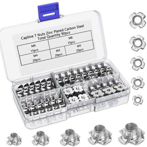 KZQ 90 Uds acier au carbone M3 / M4 / M5 / M6 / M8 cuatro broches T-écrous, insertos aveugles écrou para muebles en madera