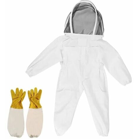 KZQ Abbigliamento per apicoltura con guanti Tuta per apicoltura per bambini - Cotone a maniche lunghe, Protezione per bambini, Forniture per apicoltura (M, bianco)