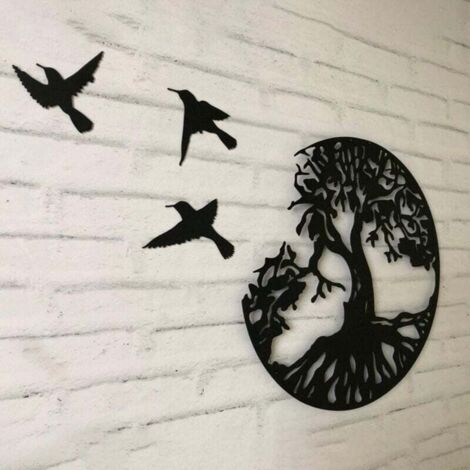 KZQ Árbol de la vida de metal con pájaros, decoración en negro, 28 cm (11,02 pulgadas), decoración moderna de pared de metal, letrero familiar para interiores.