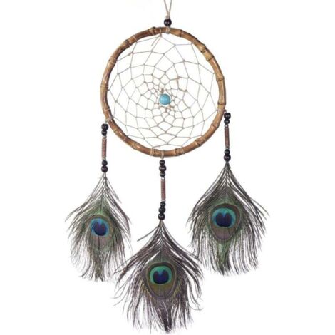 KZQ Atrapasueños grande con perlas y plumas auténticas color marrón avellana - Ø 18 cm