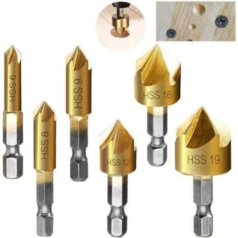 KZQ - Brocas avellanadoras hexagonales HCS de 1/4 de pulgada con 5 ranuras para avellanar, avellanar y escariar, de 6 mm, 8 mm, 9 mm, 12 mm, 16 mm y 19 mm para madera y metal.