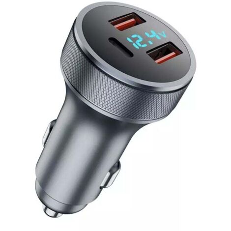 KZQ Cargador USB para coche de 72 W, adaptador metálico de carga rápida, doble USB, con voltímetro LED (gris, 3,5 x 6,6 cm)