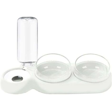 KZQ Comedero para mascotas 2 en 1, con doble cuenco y bebedero automático, diseño inclinado y giratorio para gatos y perros, sin BPA y fácil de limpiar, color blanco