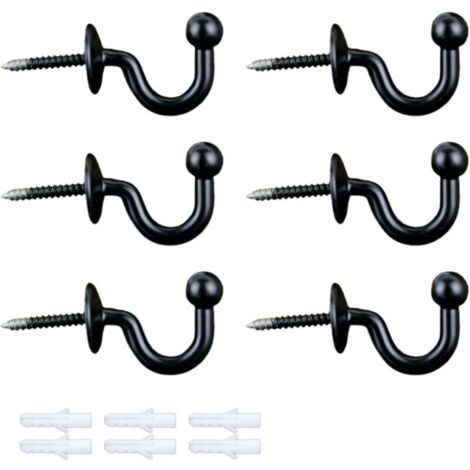 KZQ Confezione da 6 ganci fermatende con 6 viti di prolunga, fermatende, eleganti supporti per tende a forma di U, ganci da parete, ganci per appendere (nero)