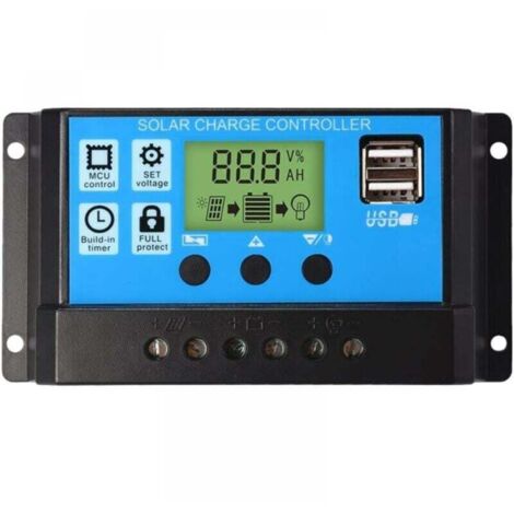 KZQ Controlador de carga de panel solar PWM de 12 V/24 V y 30 A con pantalla LCD y puerto USB dual