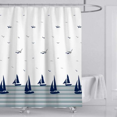 KZQ Cortina de ducha azul náutico, cortina de baño costera oceánica, tela de poliéster, antimoho, impermeable, lavable, cortina de baño de 180 x 180 cm con 12 ganchos para bañera.