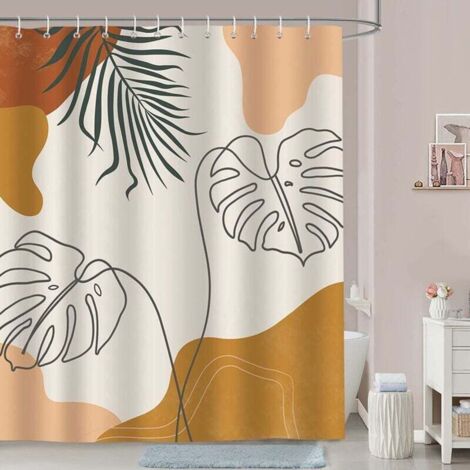 KZQ Cortina de ducha con diseño de hojas bohemias abstractas de mediados de siglo, tela de poliéster, antimoho, impermeable, lavable, 180 x 180 cm