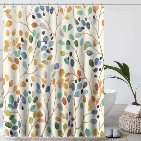 KZQ Cortina de ducha de 180 x 180 cm, antimoho, color beige, lavable a máquina, con estampado botánico colorido y agujeros, tela con 12 ganchos.
