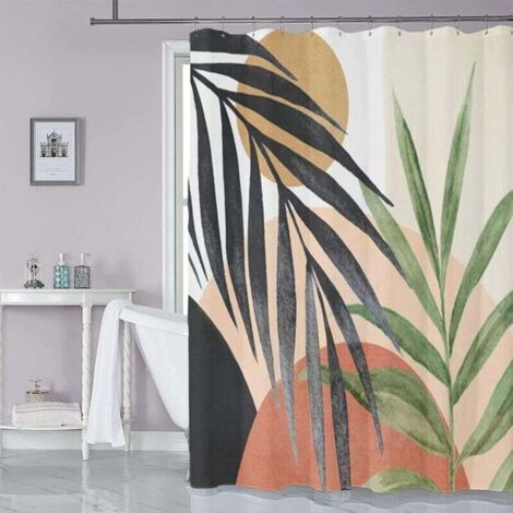 KZQ Cortina de ducha de tela bohemia de mediados de siglo, con diseño abstracto de hojas tropicales, 183 x 183 cm