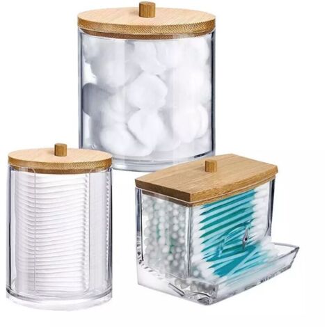 KZQ dispenser per dischetti di cotone da 3 pezzi, porta cotton fioc, contenitore per cotton fioc in acrilico, contenitore per cotone con coperchi in bambù