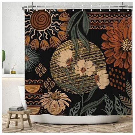 KZQ Duschvorhang 180 x 200 cm, Boho-Stil, Retro-Abstrakte Kunst, schwarze Blumenblätter, kleiner waschbarer Textil-Duschvorhang, wasserdichter Duschvorhang für Badewanne mit 12 Haken