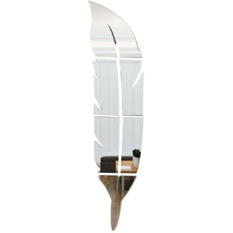 KZQ Espejo acrílico de pared con plumas plateadas, adhesivo autoadhesivo extraíble para sala de estar, dormitorio, baño, decoración rústica, 74 x 18 cm