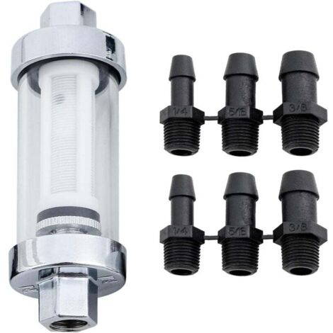 KZQ Filtro de combustible universal con interfaz de 1/4", 3/8" y 5/16", repuesto de filtro de combustible de vidrio, carcasa cromada impermeable, para motocicletas y vehículos todo terreno