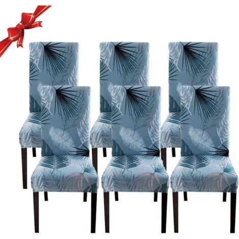 KZQ Fundas elásticas para sillas de comedor (6 piezas), universales y lavables, fáciles de limpiar, para decoración de comedor, hotel y restaurante, hojas azules, juego de 6