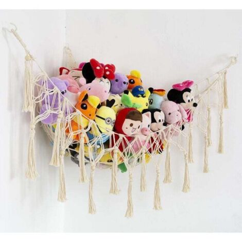 KZQ Hamaca o red bohemia para peluches, hamaca grande de 155 cm, soporte de red esquinera de macramé para peluches, organizador de malla con ganchos para dormitorio y guardería (blanco)