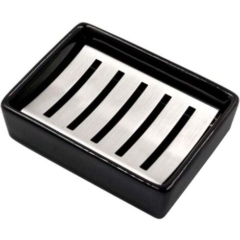 KZQ Jabonera de cerámica de acero inoxidable 304, jabonera de doble capa con autodrenaje, duradera, fácil de limpiar, jabonera para baño (negra)