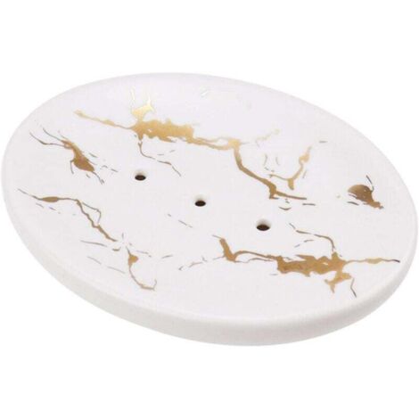 KZQ Jabonera ovalada de cerámica blanca con escurridor, elegante jabonera efecto mármol para ducha, cocina, baño y lavabo - Blanco crema