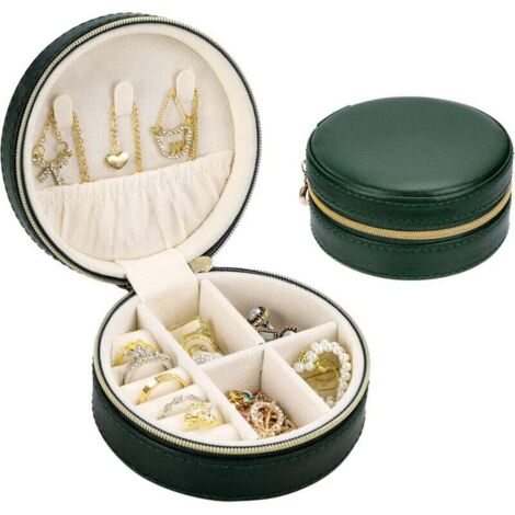 KZQ Joyeros de viaje redondos y pequeños de piel sintética con cremallera para anillos, pendientes y collares (verde oscuro)