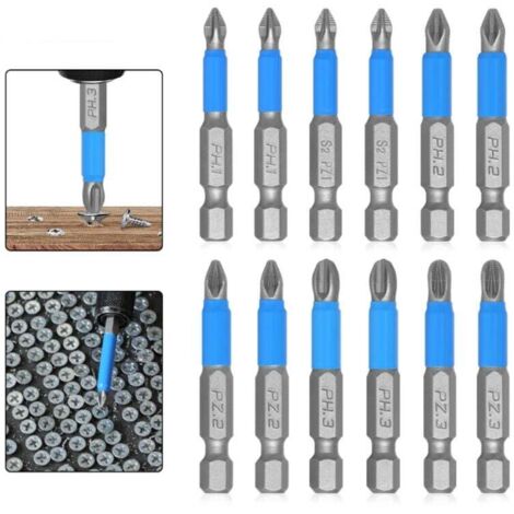 KZQ Juego de 12 puntas de destornillador magnético de acero S2, vástago hexagonal de 1/4", 50 mm, PZ1-PZ3, PH1-PH3, para destornillador eléctrico y taladro.