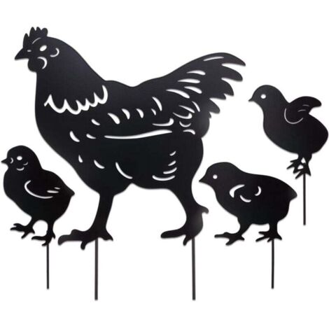 KZQ Juego de 4 estatuas decorativas de metal para jardín en forma de gallina y pollito, siluetas llamativas, decoración de jardín ahuecada en negro, ideal para césped y jardines.